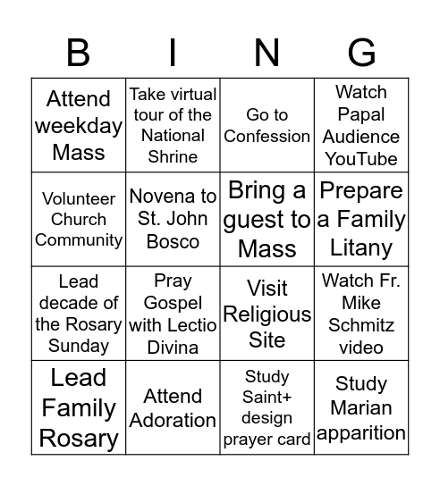 6th Grade Catholic Bingo Card