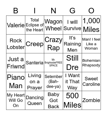 Karaoke Bingo Card