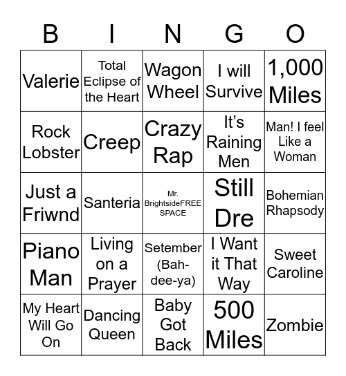 Karaoke Bingo Card