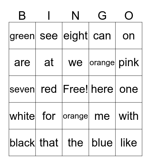 Sight Word Bingo Card