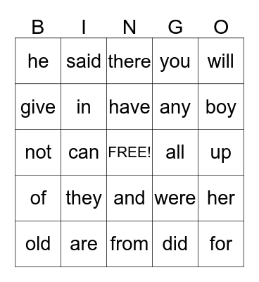 Sight Word Bingo Card