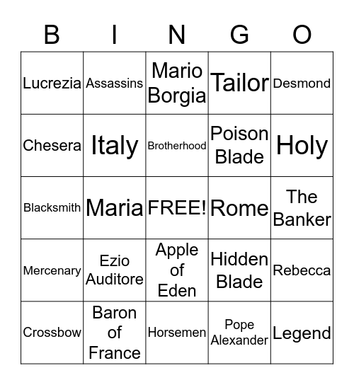 Assassin's Creed Brotherhod  Bingo Card