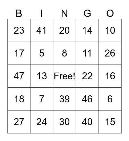 Numbers Bingo Card