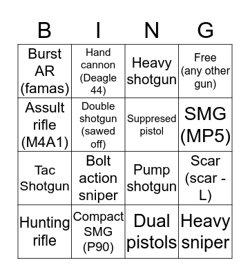 Fortnite Gun FIND bingo Card