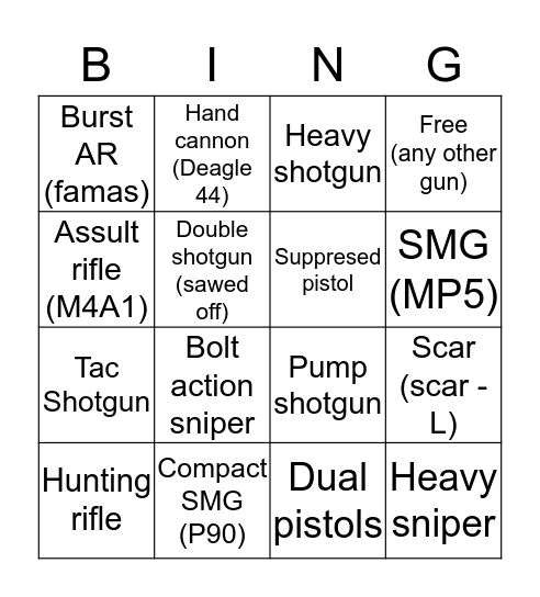 Fortnite Gun FIND bingo Card