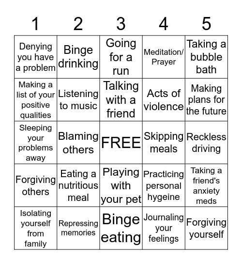 Coping Mechanism Bingo Card