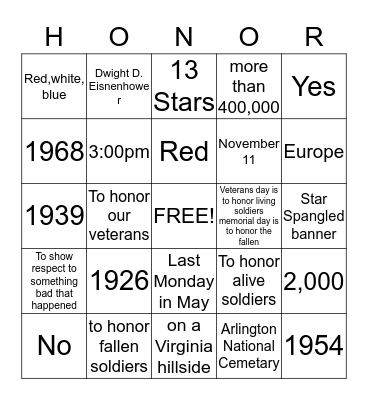 Veteran's Day Bingo Card