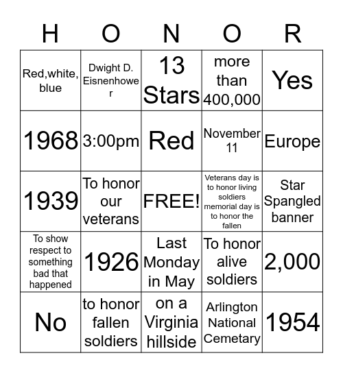 Veteran's Day Bingo Card