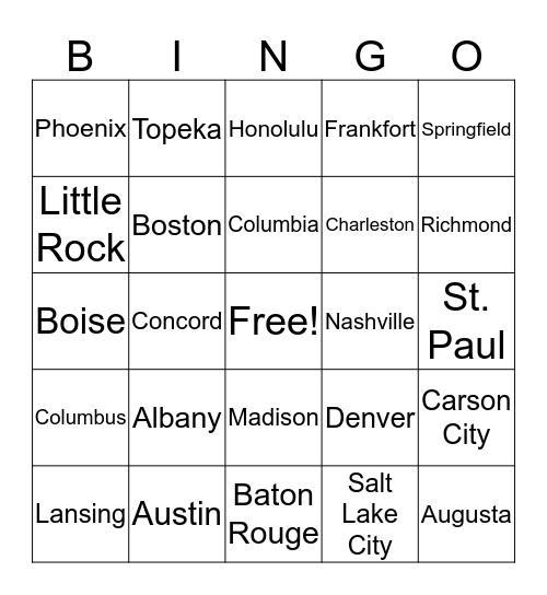Capital Cities Bingo Card