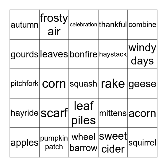 Harvest Bingo Card