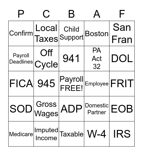 PCBAF BINGO Card