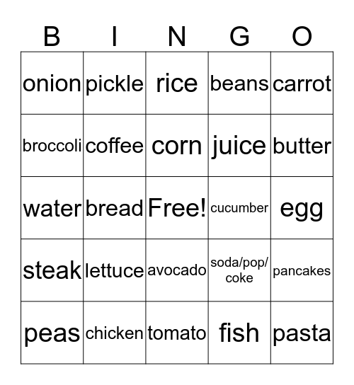 Food 1 & 2  Bingo Card