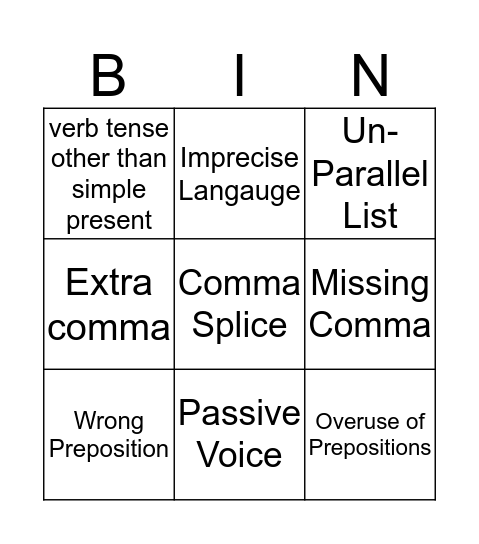 Grammar and Mechanics Bingo Card