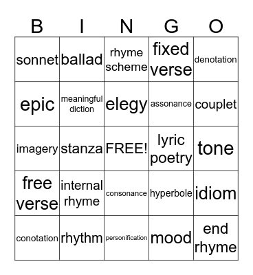 Poetry Review Bingo Card