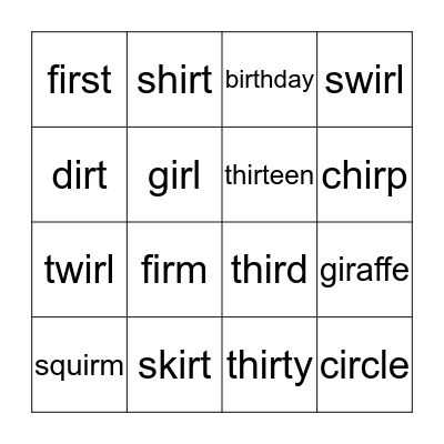 'ir' BINGO Card