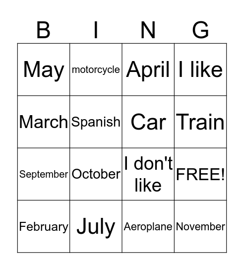 months  Bingo Card