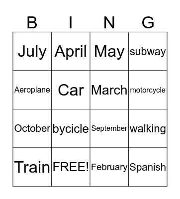 months  Bingo Card