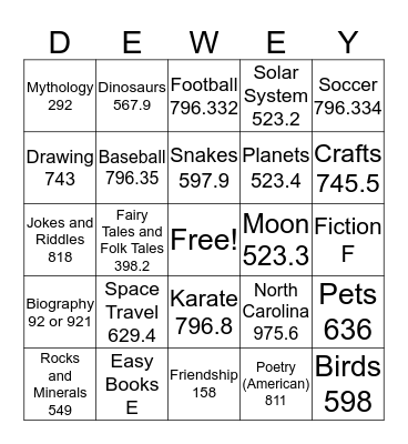 Call Number Bingo Card