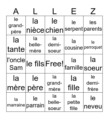 French I La famille Bingo Card