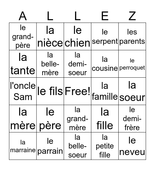 French I La famille Bingo Card