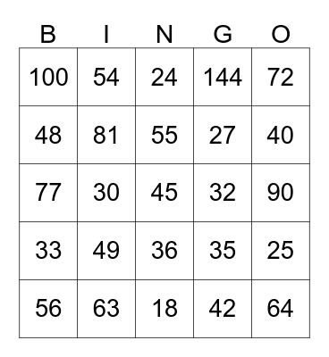 Multiplication BINGO Card