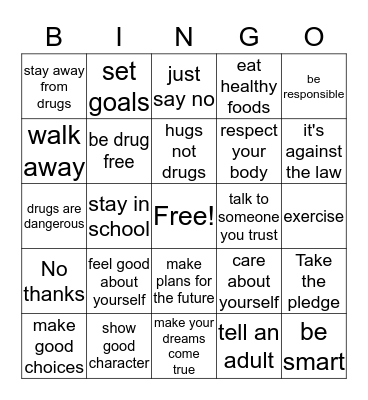 Drugfree Bingo Card