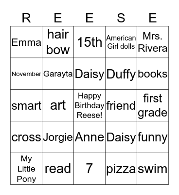 Happy Birthday Reese! Bingo Card