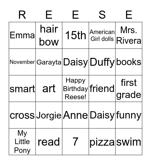 Happy Birthday Reese! Bingo Card