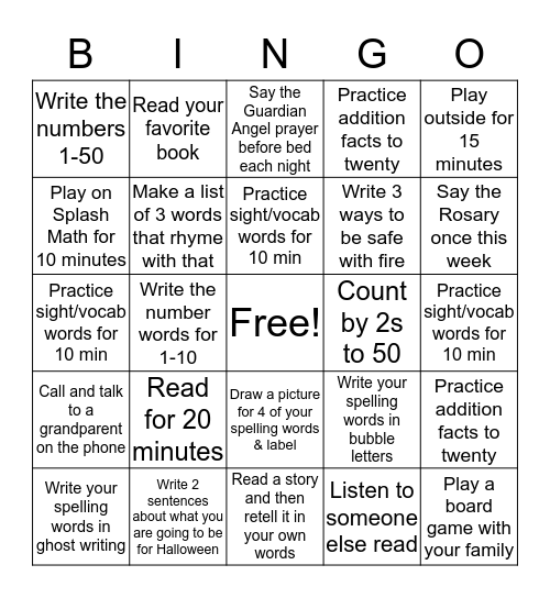 Homework Bingo Card