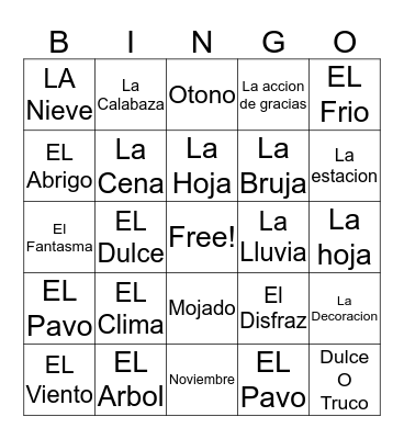 Autumn Spanish Bingo Card