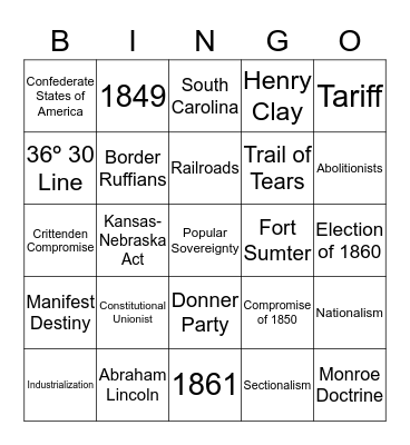 Origins of the Civil War Review Bingo Card