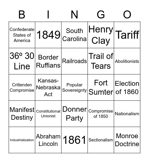 Origins of the Civil War Review Bingo Card