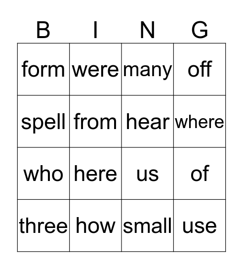 Sight Word BINGO Card