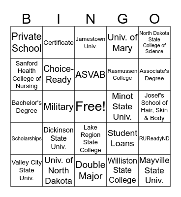 College Application Month - ND Bingo Card