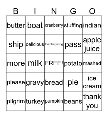 Thanksgiving Sign Bingo Card