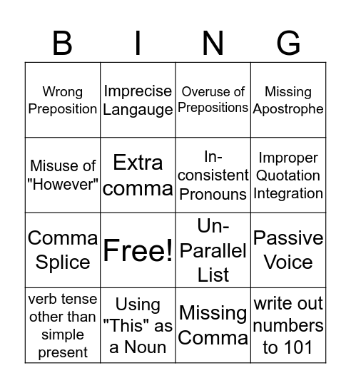 Grammar and Mechanics Bingo Card
