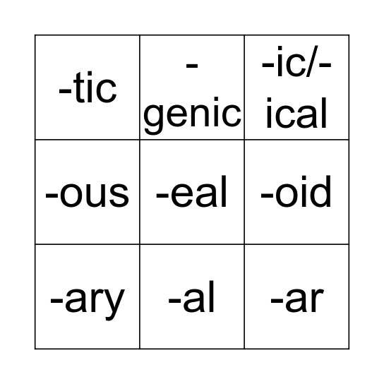 Suffixes-Adjectives Bingo Card