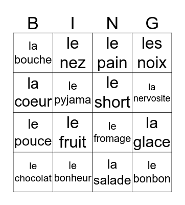 French Bingo Card