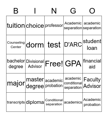 College Bingo Card