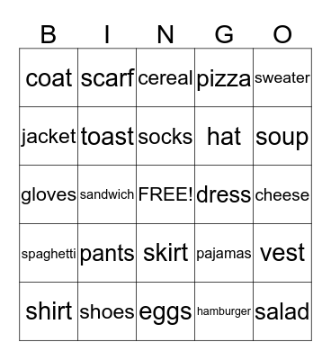 Clothing and Food Signs Bingo Card