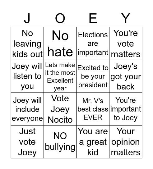 jOEY FOR PRESIDENT Bingo Card