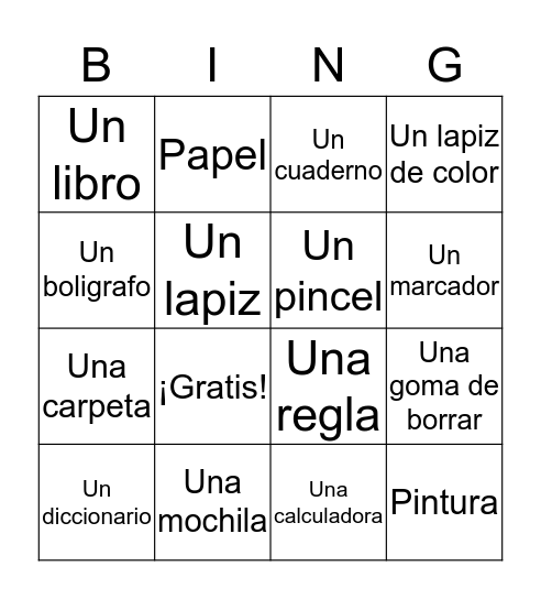 Materias para el colegio Bingo Card