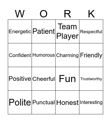 Work Related Words  Bingo Card