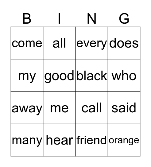 Word Bingo Card