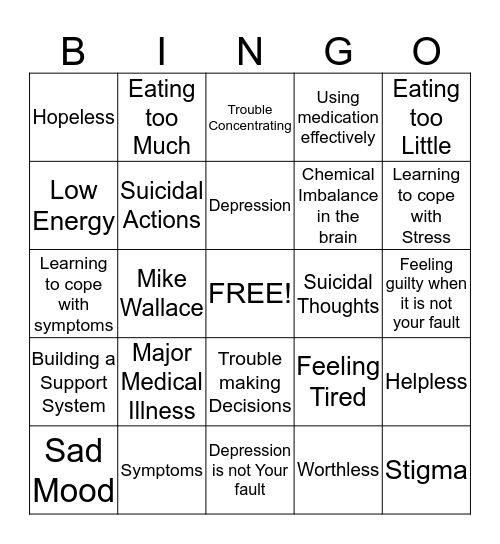 Dealing with Depression  Bingo Card