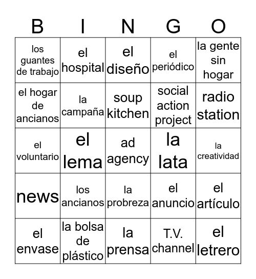 Unidad 2 Vocabulario Bingo Card