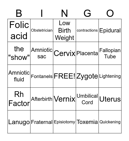 Pregnancy/Labor Bingo Card