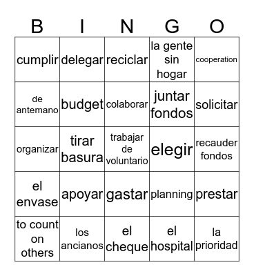 Unidad 2 Vocabulario Bingo Card