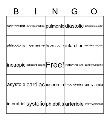 Cardiovascular System Bingo Card