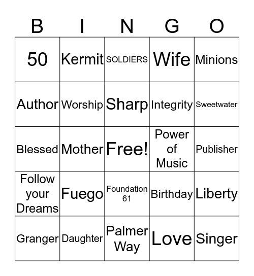 Rachel's 50th  Bingo Card